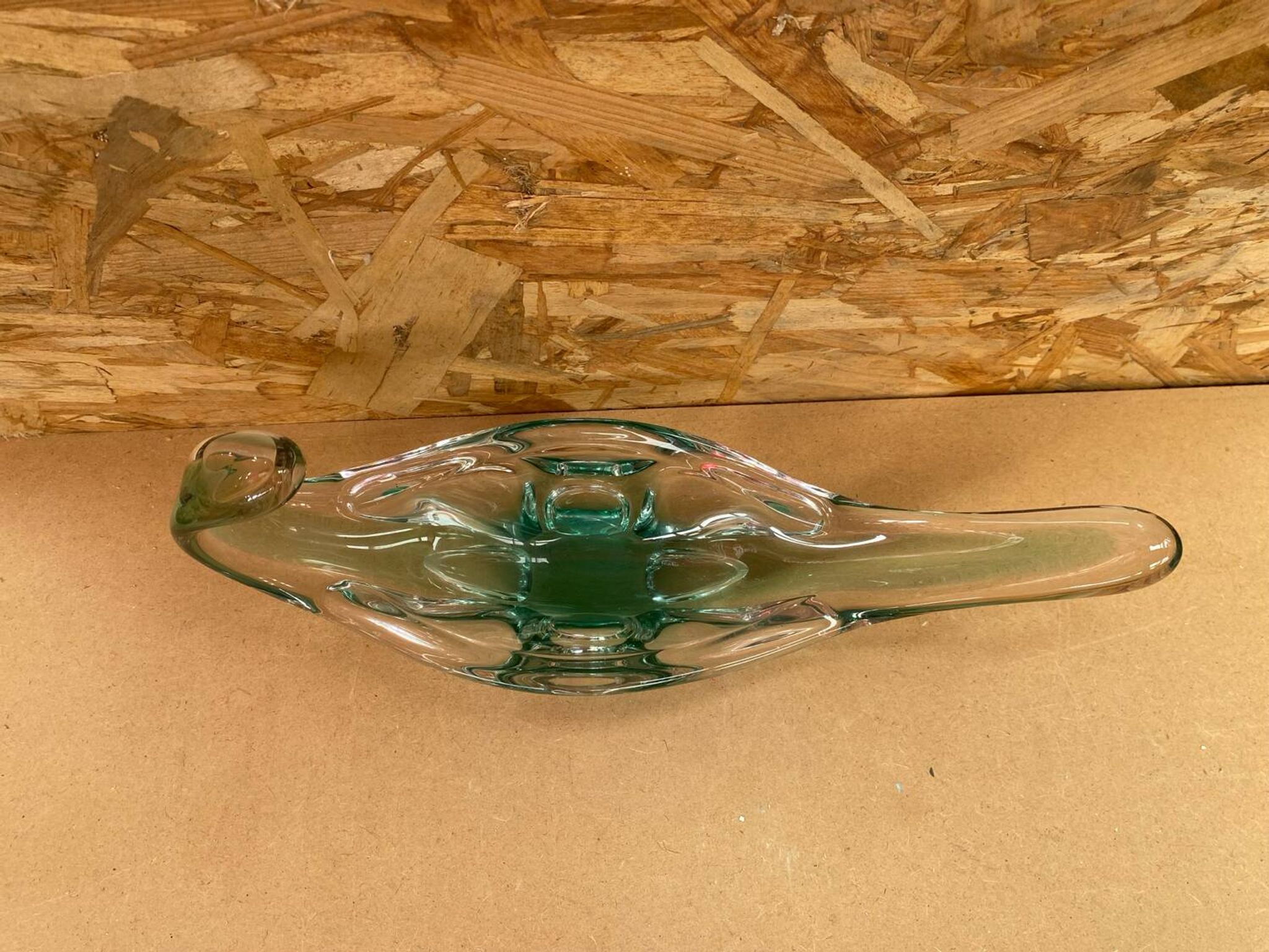 Ancien Vide Poche Coupe Cristal Vert & Transparent Vintage #B087