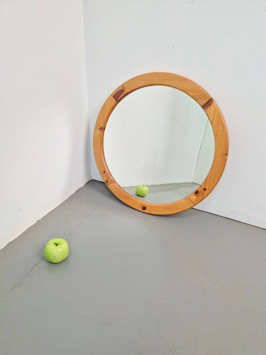 Scandinavian Round Pine Mirror, 1970s