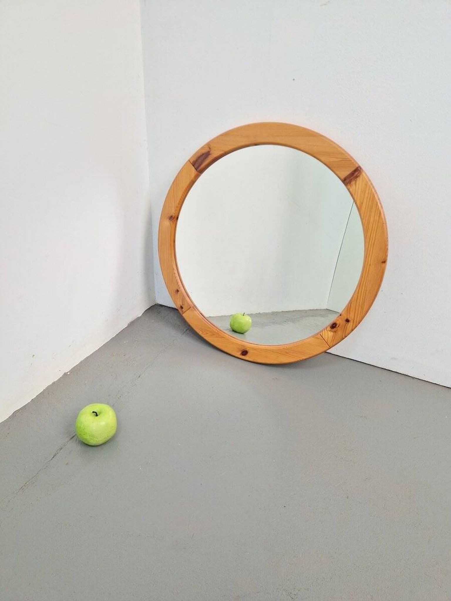 Scandinavian Round Pine Mirror, 1970s