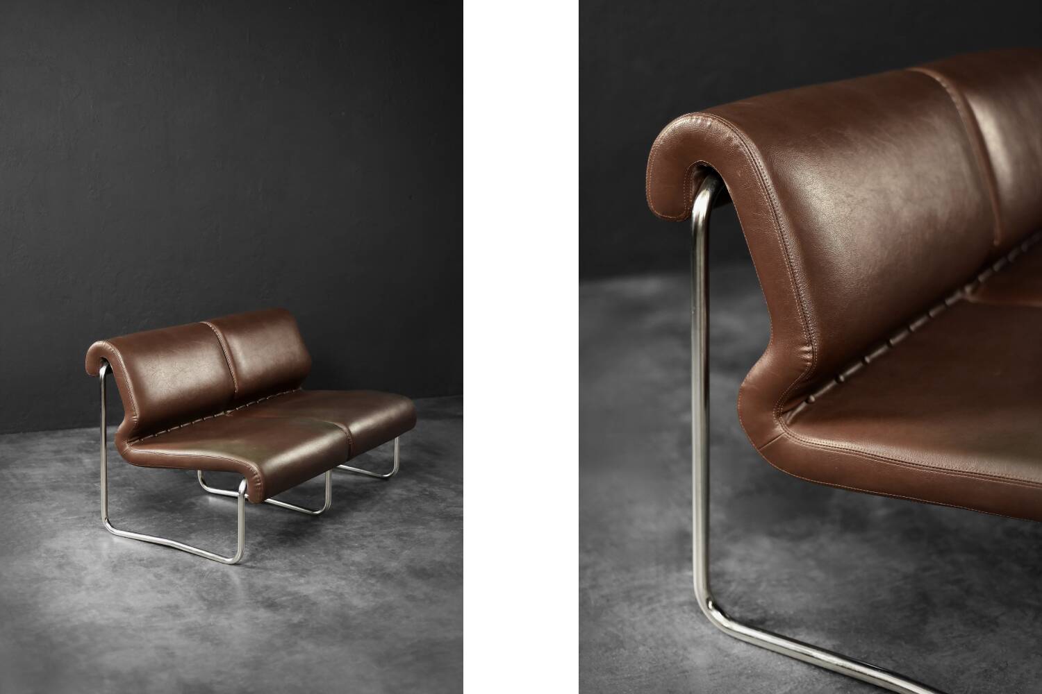 Two-seater canapé in steel and brown faux leather, Germany 1970.