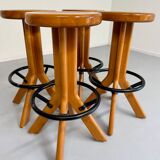 Set of 4 solid elm wood bar stools, vintage 70s design