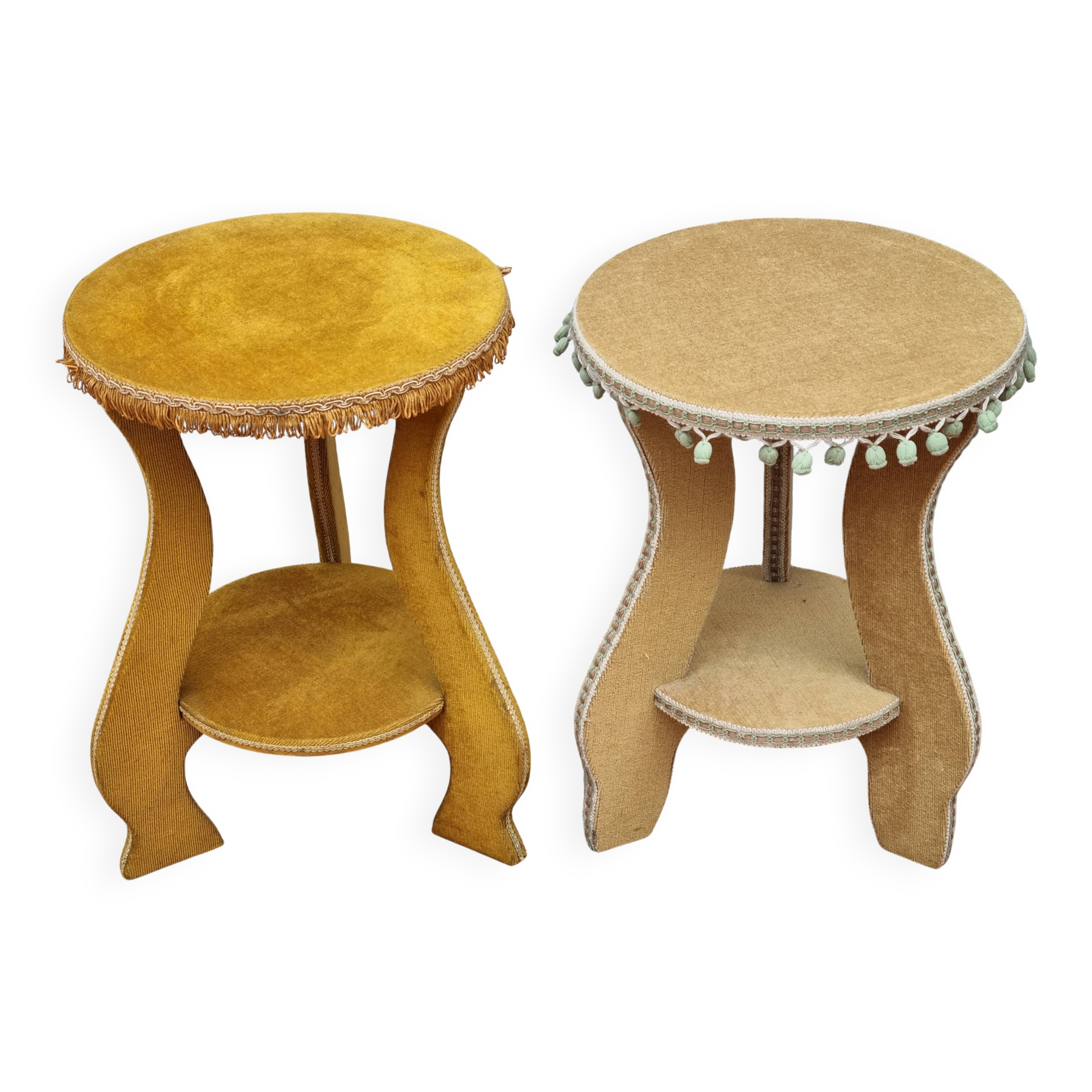 Pair of vintage velvet upholstered pedestal tables – 1950s, 44 cm high