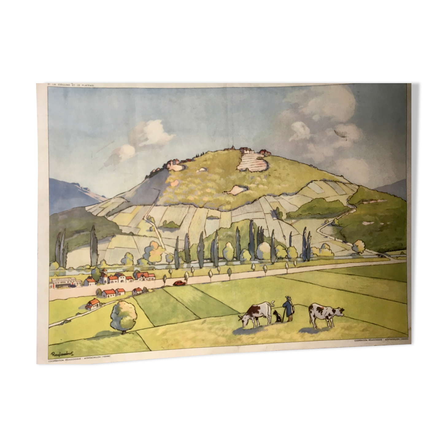 School poster vintage school landscape mountain two-sided signed Raylambert for Rossignol 50s