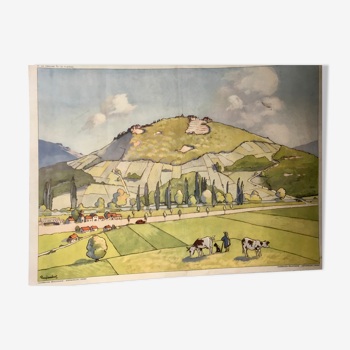 School poster vintage school landscape mountain two-sided signed Raylambert for Rossignol 50s