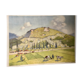 Affiche scolaire école vintage paysage montagne recto verso signée Raylambert pour Rossignol années 50