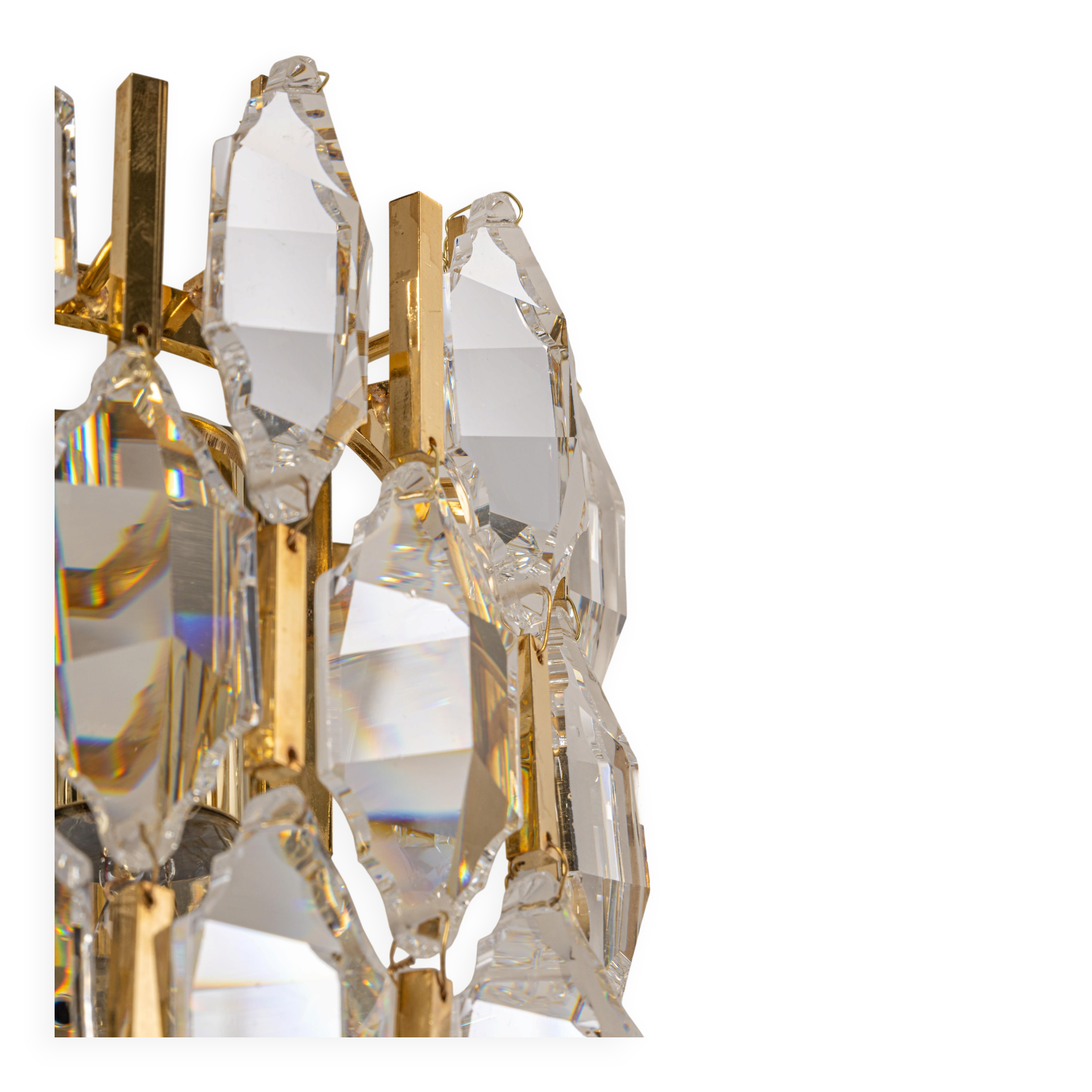 Pair of wall sconces in gilded brass and crystal by Palwa, Germany, 1970s.
