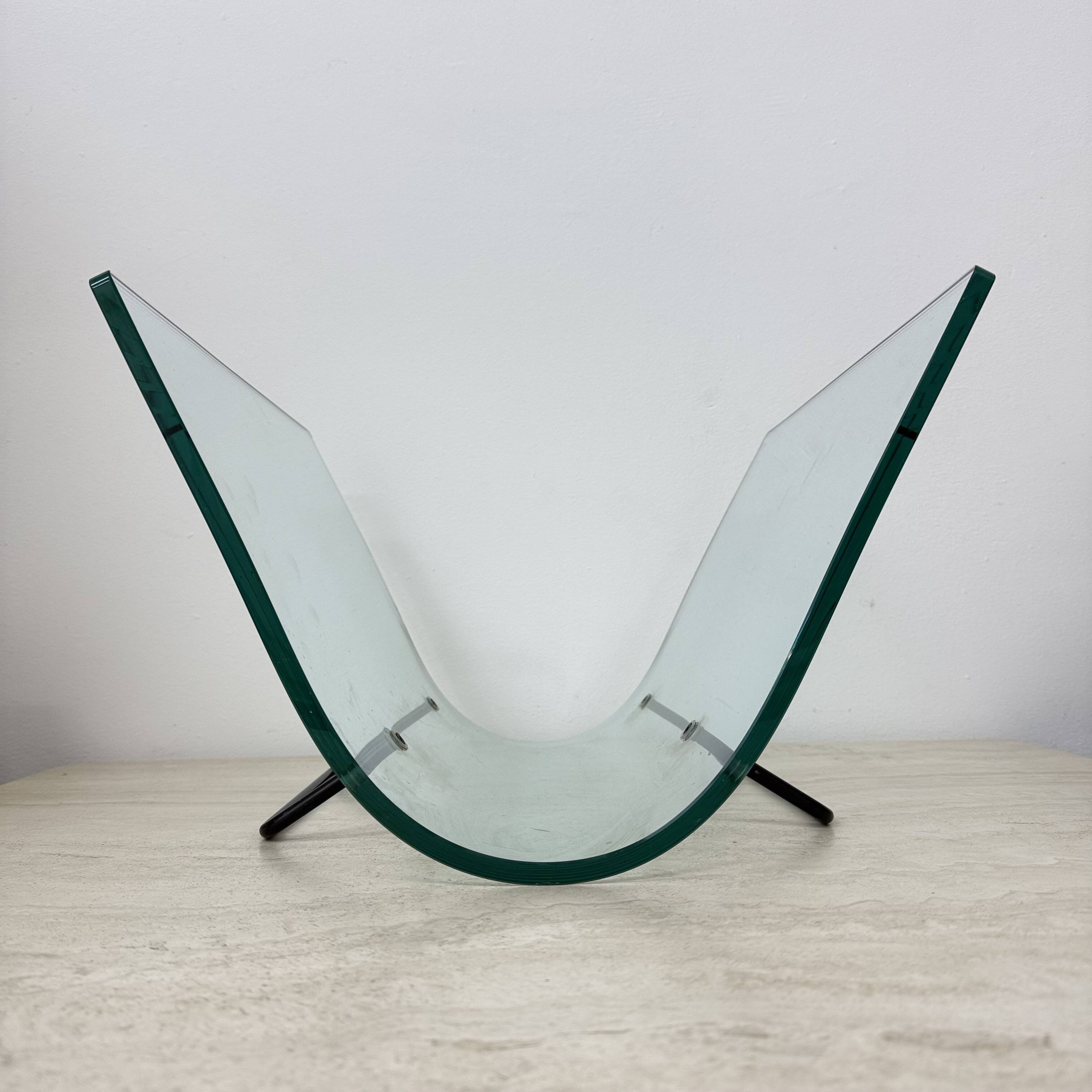 Post modern Fiam Italy curved glass magazine rack , 1980’s