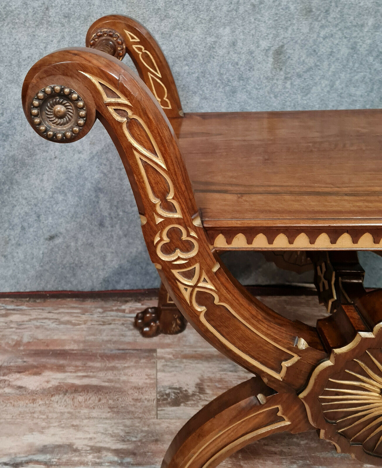 Bishop's curule armchair in solid walnut and gilding highlights with religious symbols