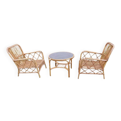 Salon de jardin vintage en rotin avec les coussins