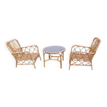 Salon de jardin vintage en rotin avec les coussins