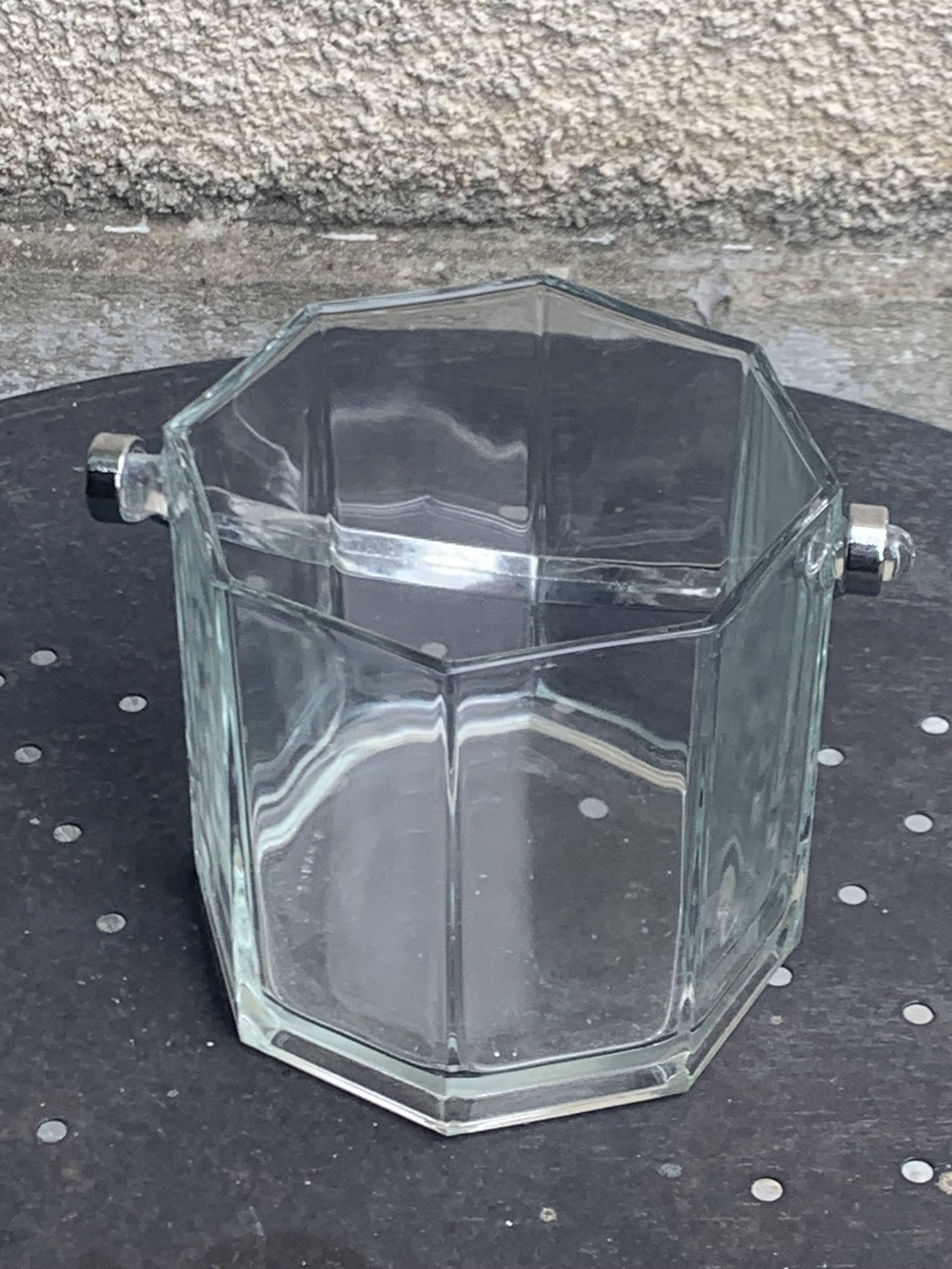 Ice bucket made in France in transparent faceted glass, stainless steel handle