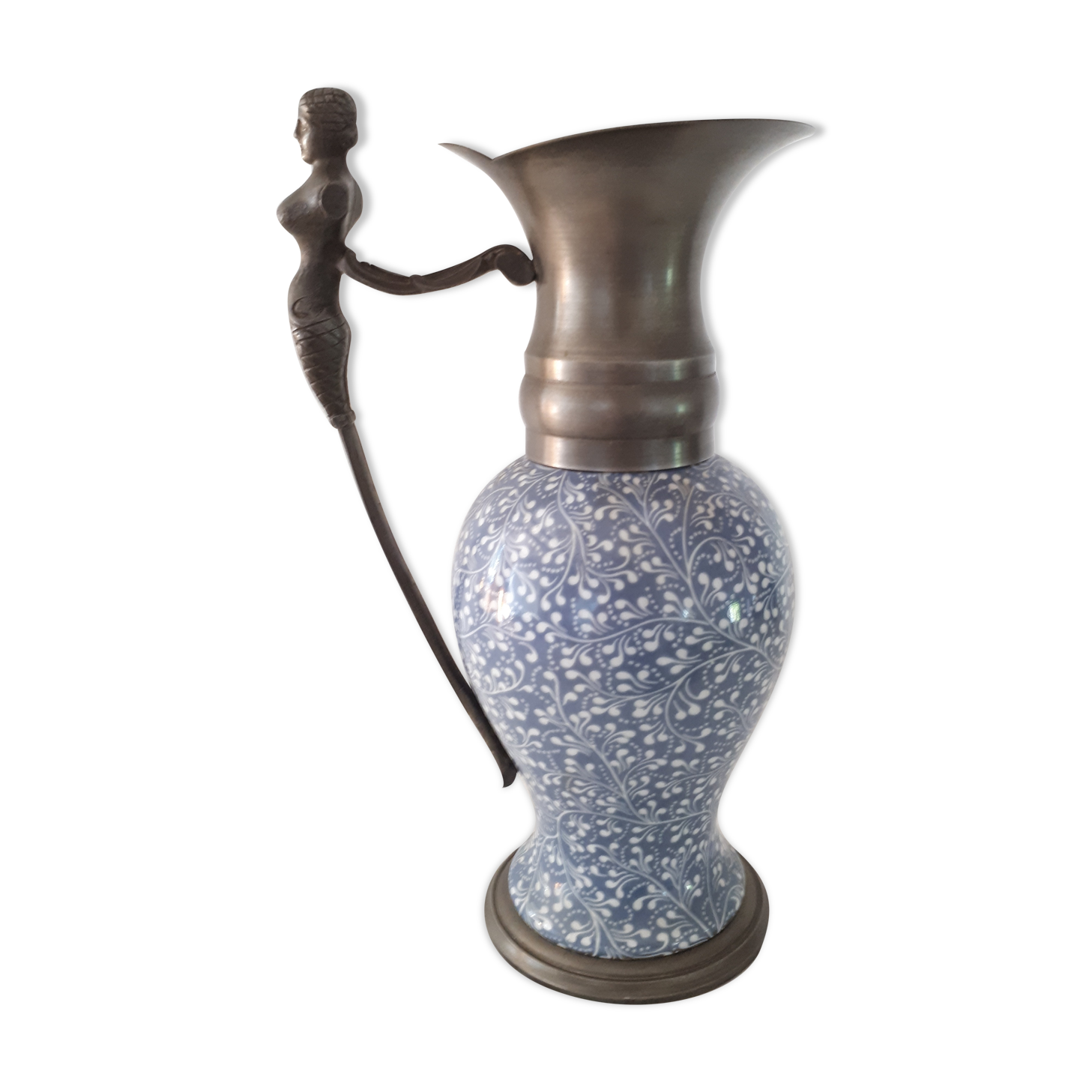 Earthenware and pewter ewer with mermaid handle