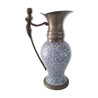 Earthenware and pewter ewer with mermaid handle