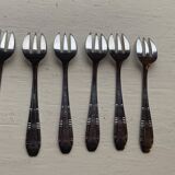 6 small stainless steel forks, lumen inox, chiseled metal, fillet model, vintage
