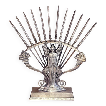 Rare ensemble de couteaux Art Nouveau antiques, 12 couteaux à fruits en argent et support décoratif.