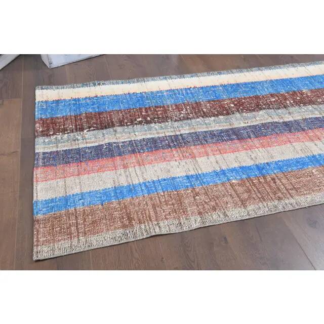 Vintage Turkish Hand-Knotted Wool Cotton Beige Kilim Runner Rug 87x237