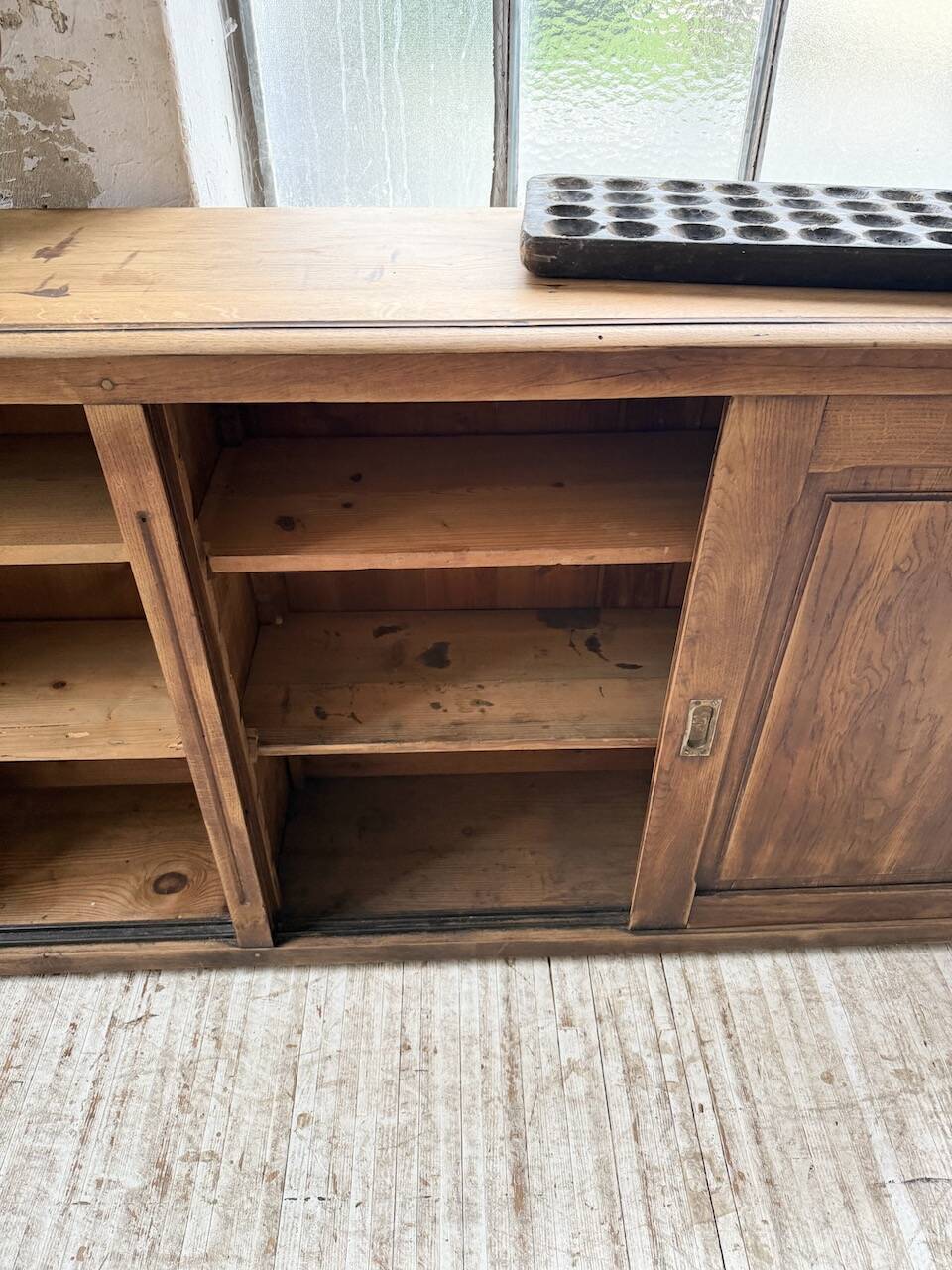 XL oak workshop sideboard with sliding doors from 1900
