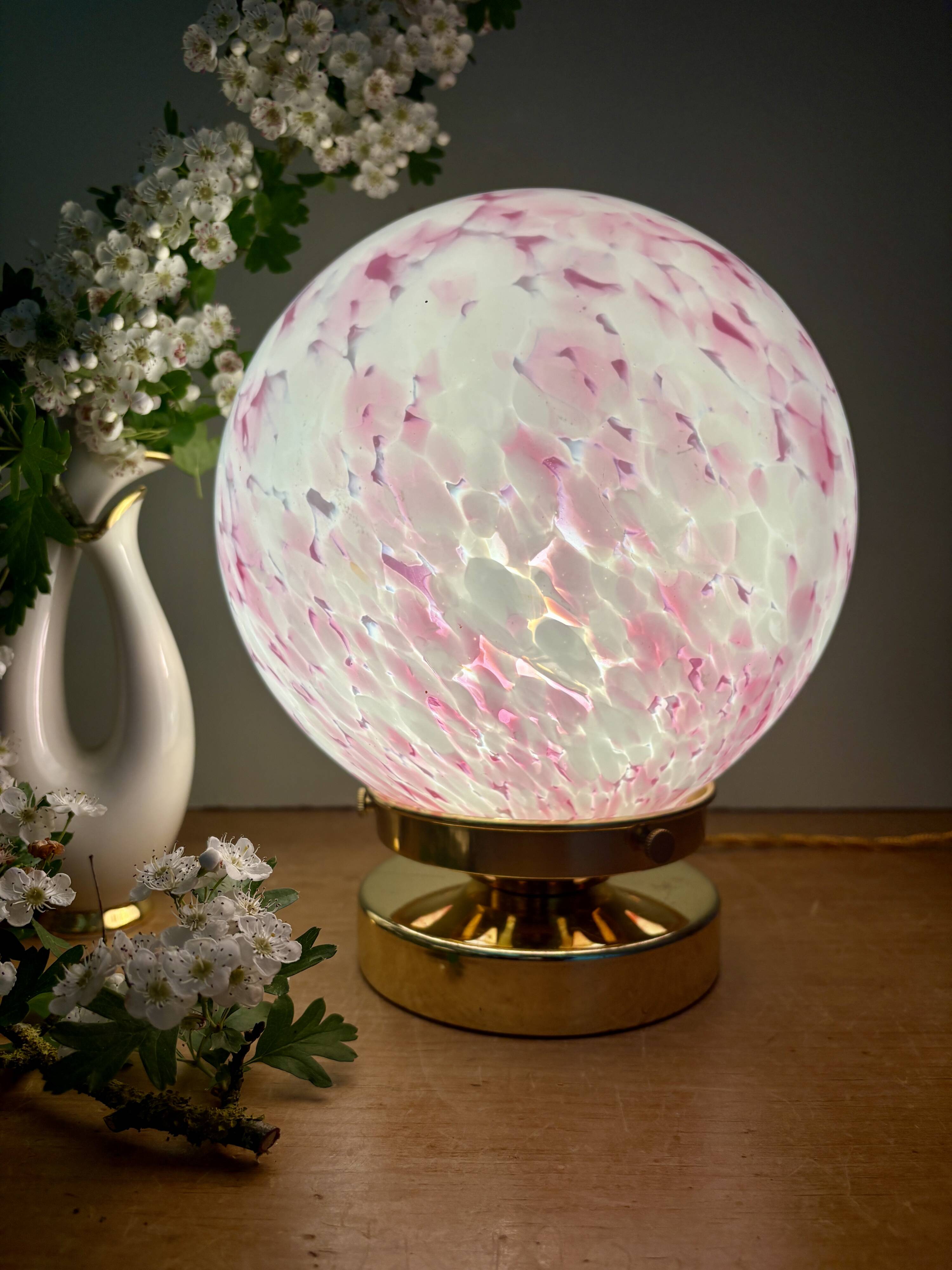 Vintage pink and white glass globe table lamp