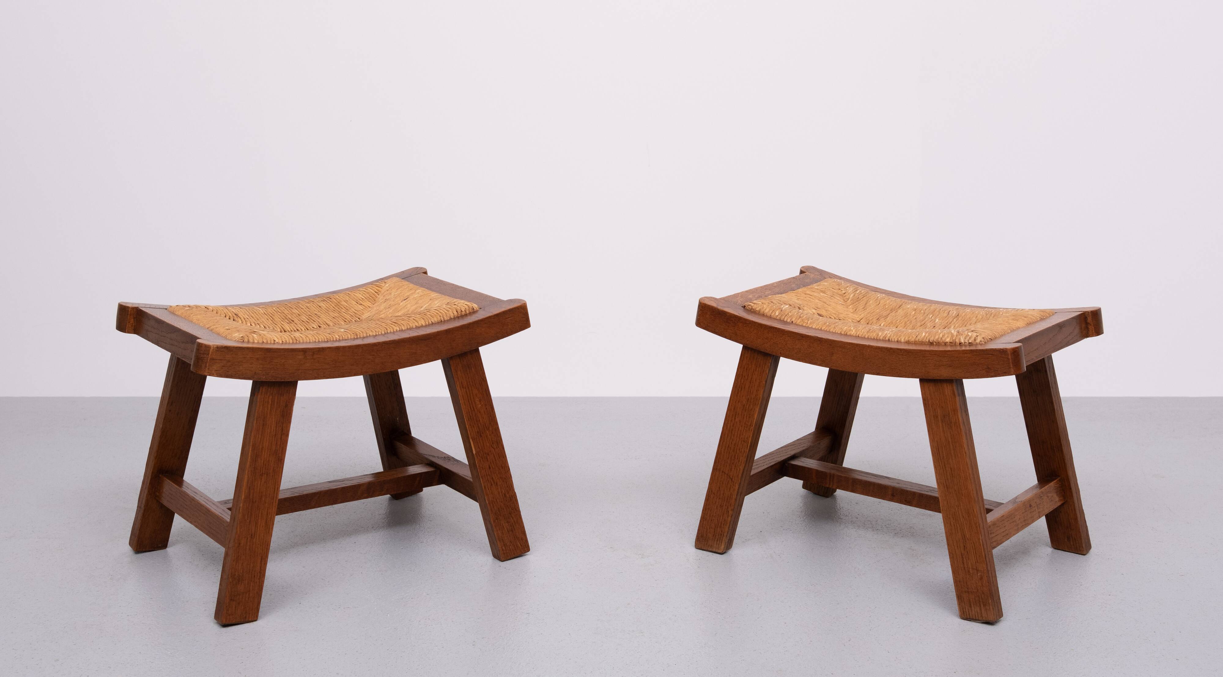 Brutalist curved solid Oak Ottomans 1950s France