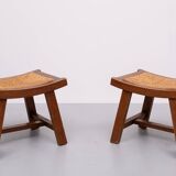 Brutalist curved solid Oak Ottomans 1950s France