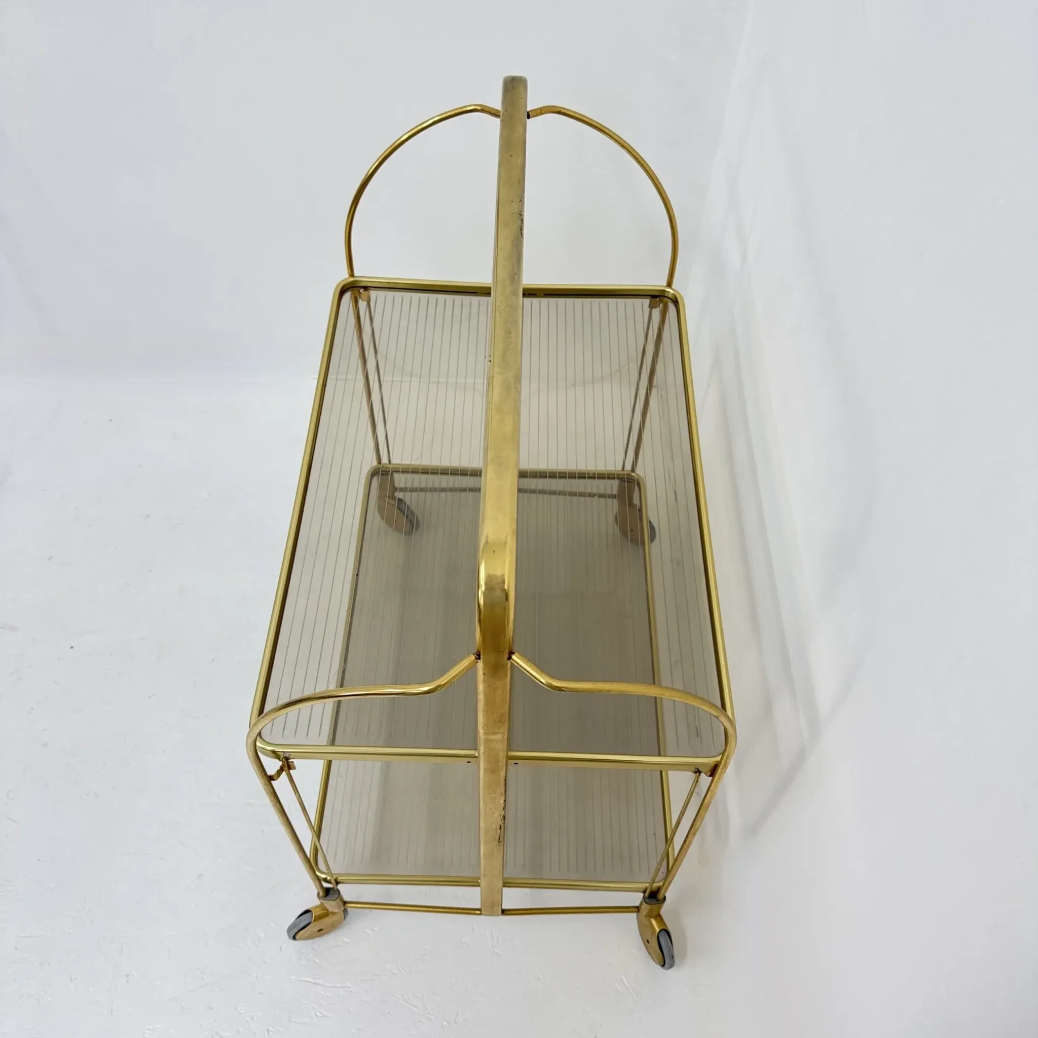 Mid-century modern folding bar cart in brass and ribbed acrylic glass, 1970s