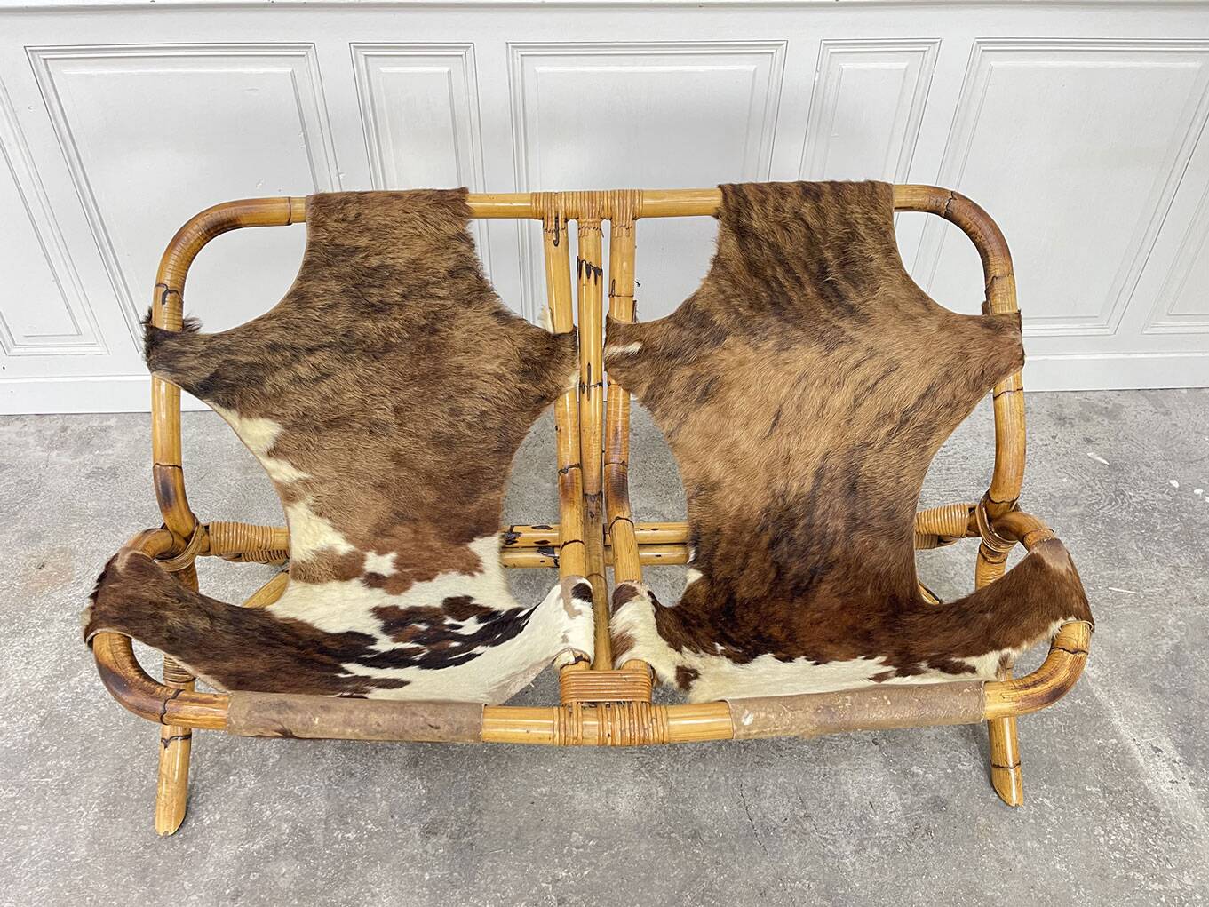 Rattan leather bench 1970