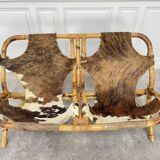 Banquette cuir rotin 1970