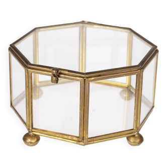 Jewelry box, glass and brass, octagonal shape