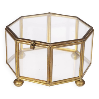 Boîte à bijoux, en verre et laiton, forme octogonale