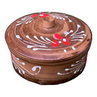 Terracotta box 14cm pottery 1976 made and hand painted old vintage jewelry flower floral pattern