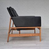 1960s, Danish 2-seater sofa in original condition, furniture leather, solid oak wood.