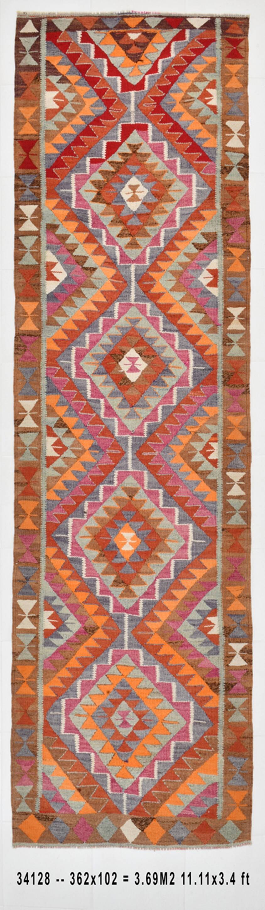 3x12 Handmade Vintage Kilim Runner Rug, 102x362Cm