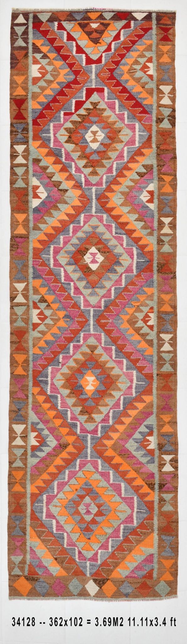 Tapis coureur vintage kilim fait à la main 3x12, 102x362 cm