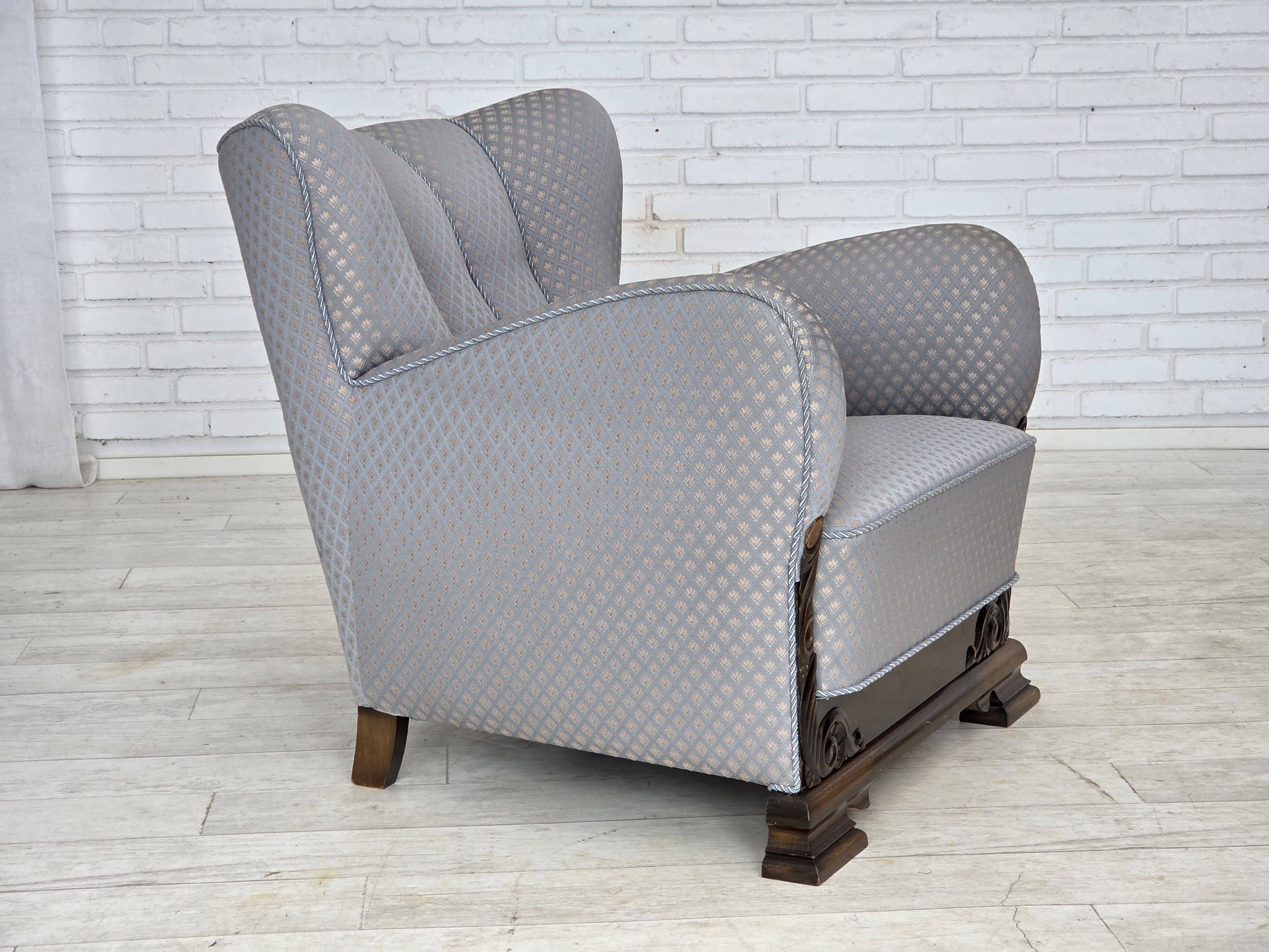 1950s, Danish armchair, furniture fabric, carved oak wood.