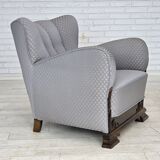 1950s, Danish armchair, furniture fabric, carved oak wood.