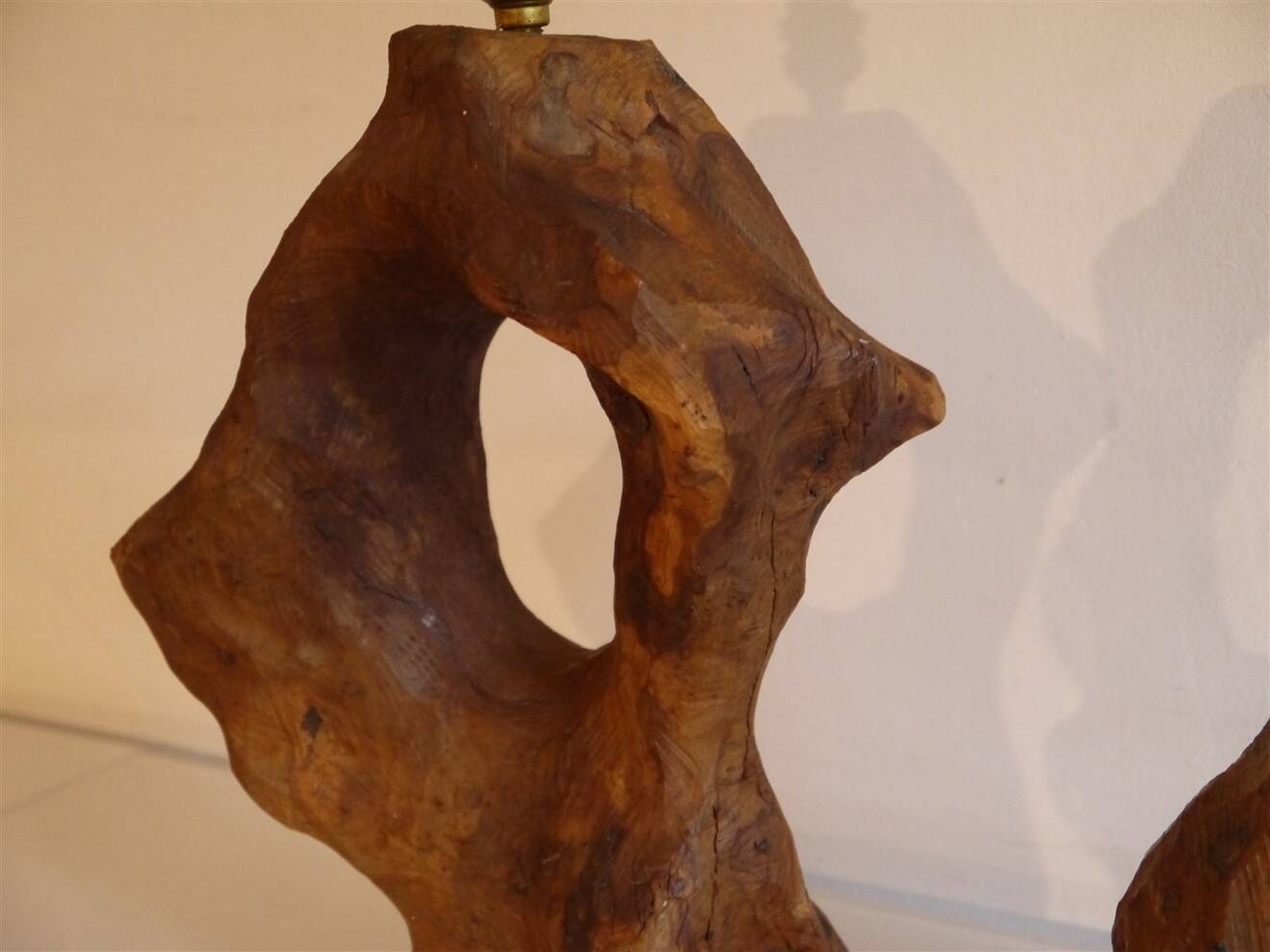 Brutalist pair of wooden lamps from the 1960s.