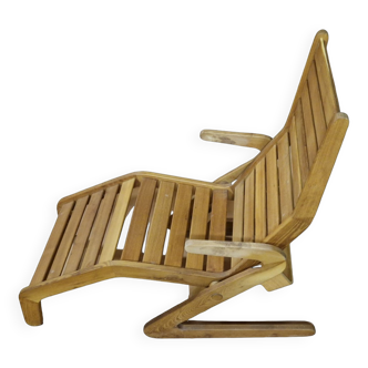 Chaise longue réglable en bois massif, Suède 1970s