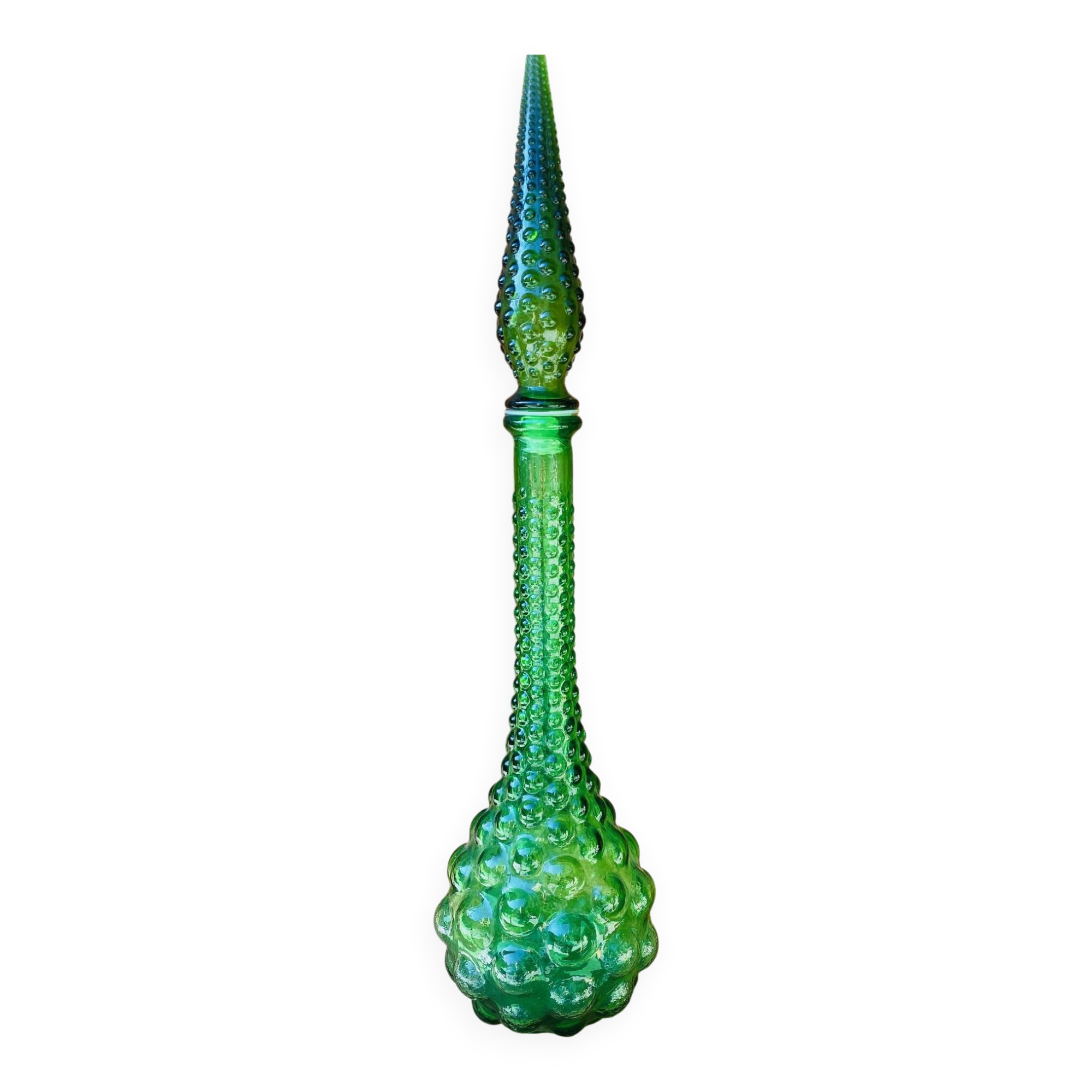 Italian carafe Empoli in green bubbled glass from the 1970s.