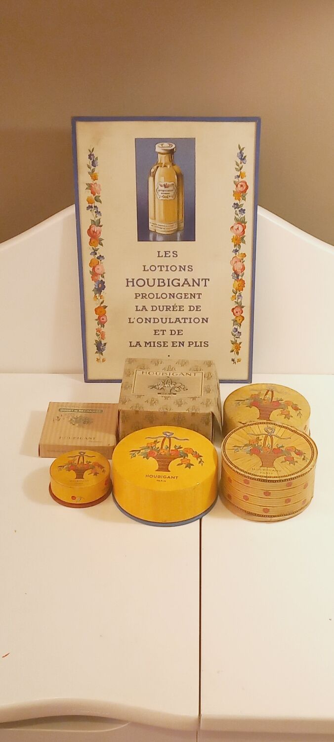Houbigant powder boxes, shadows and antique advertising collection set