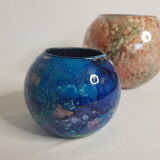 Set of two hand lacquered glass ball vases signed "Laque Line" and "Jean-Noel Bouillet"