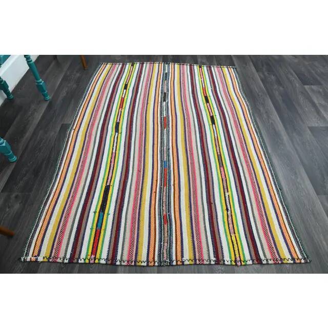 Vintage Turkish Oushak handmade wool cotton pink green runner rug 150x207