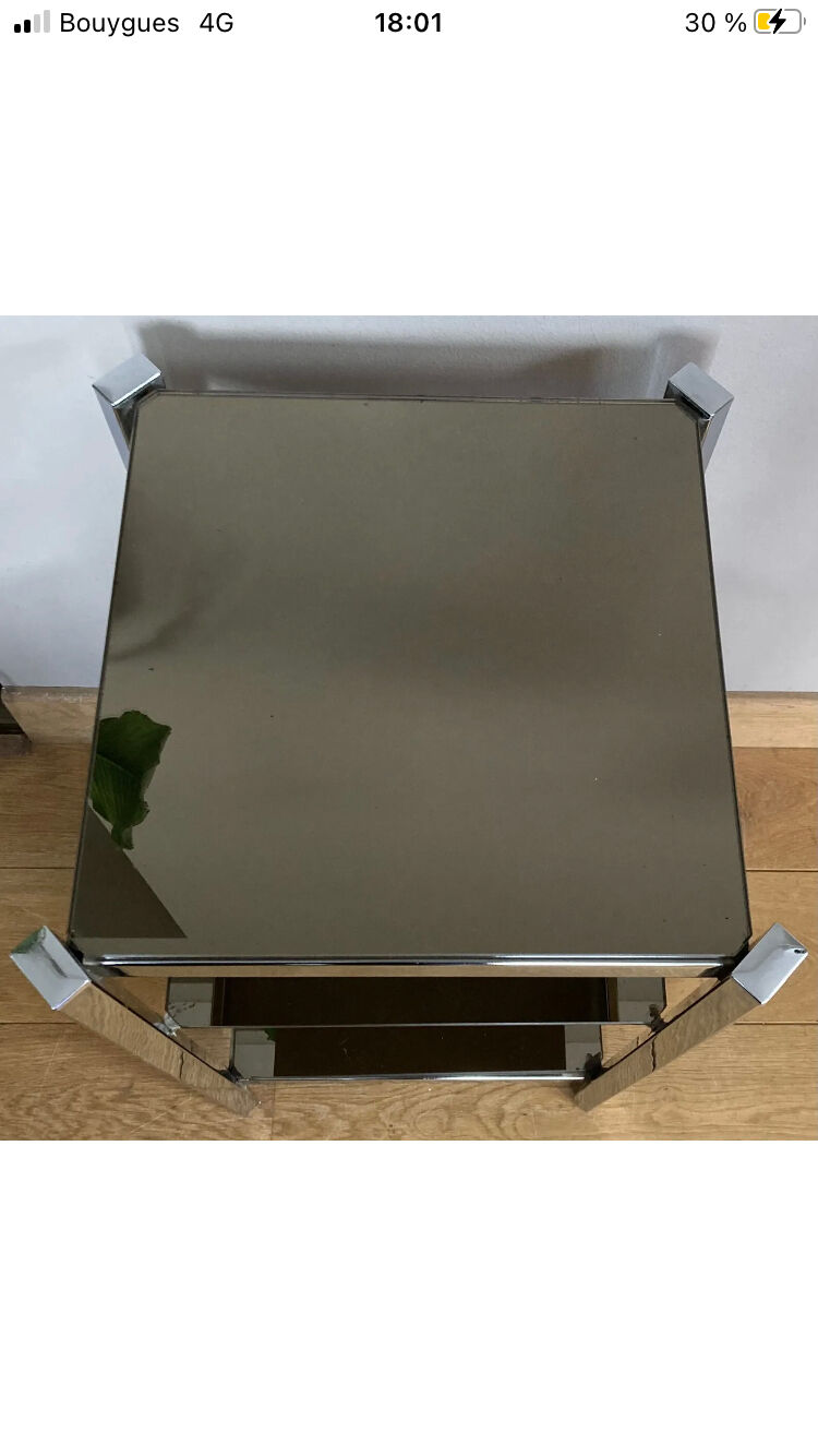 1970s sofa end harness in chromed metal, 3 removable shelves smoked mirrors (available)