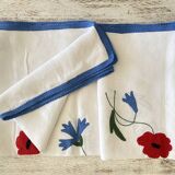 Antique hand-embroidered and braided tablecloth "poppies & cornflowers" - Linen - 107x107 cm