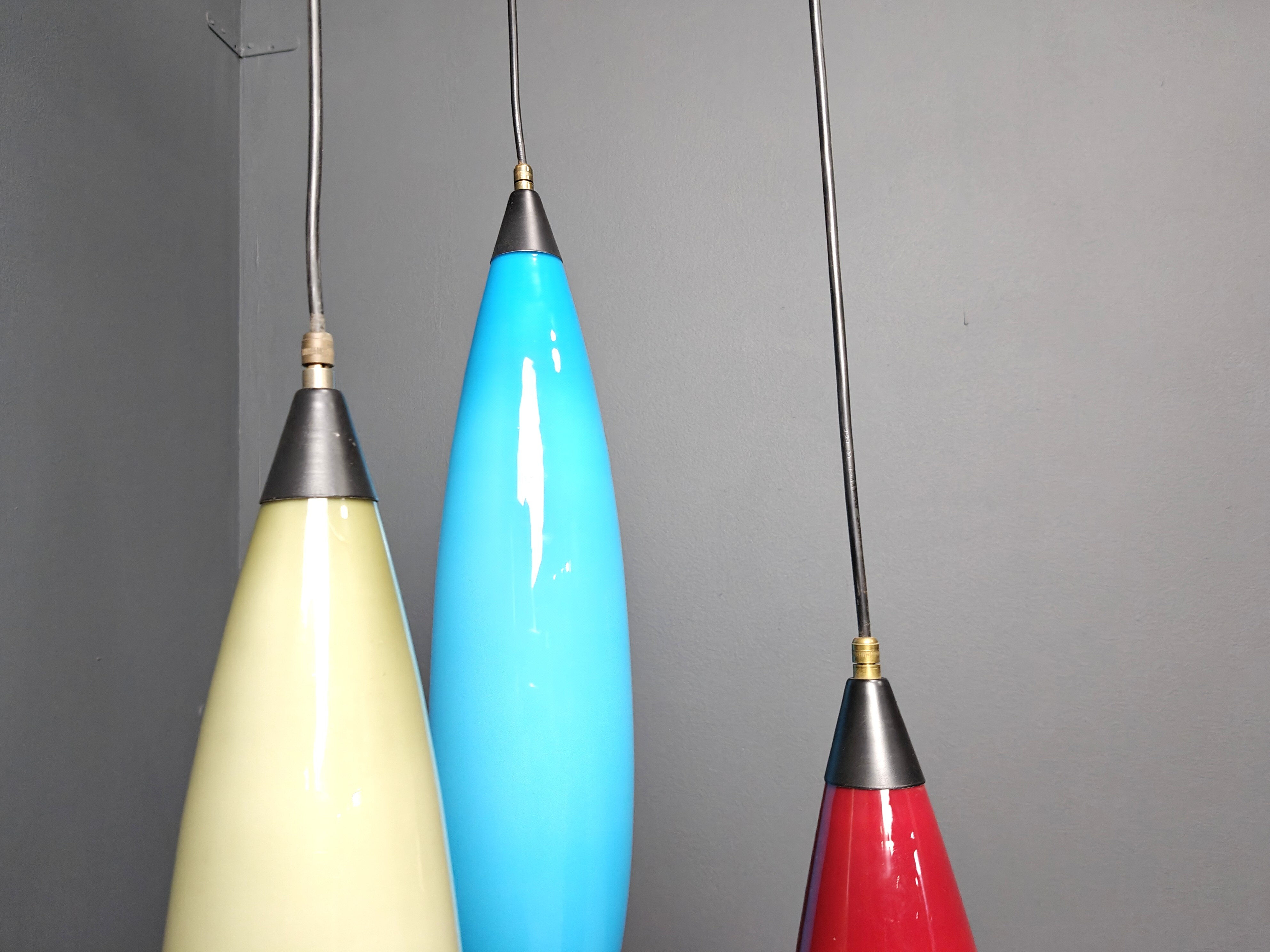 Vintage 3 glass pendant lights by Vistosi, 1970s
