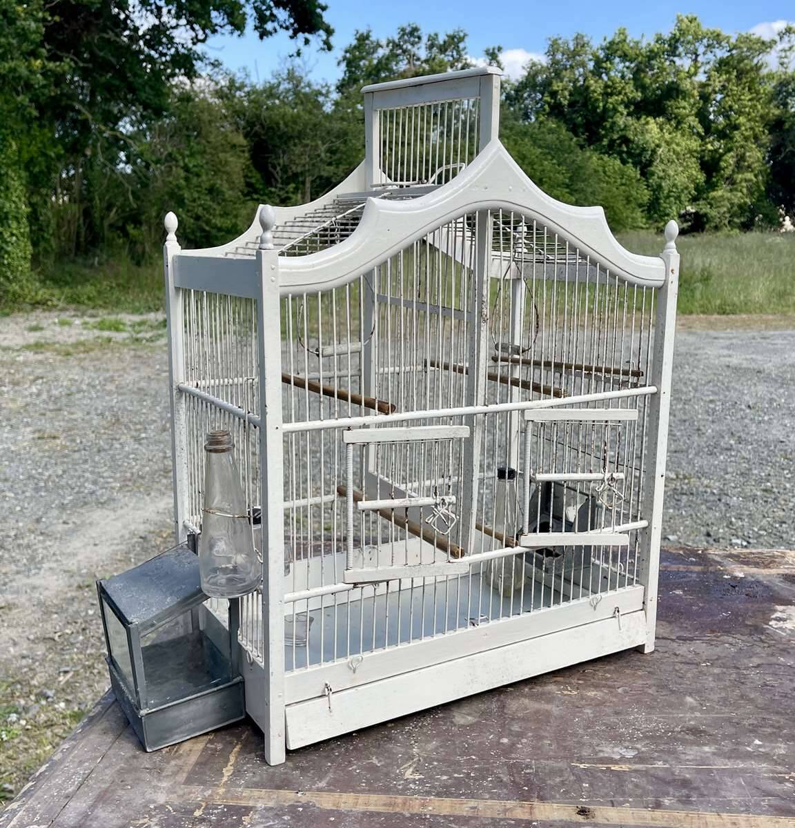 1950s wooden and metal birdcage with period accessories