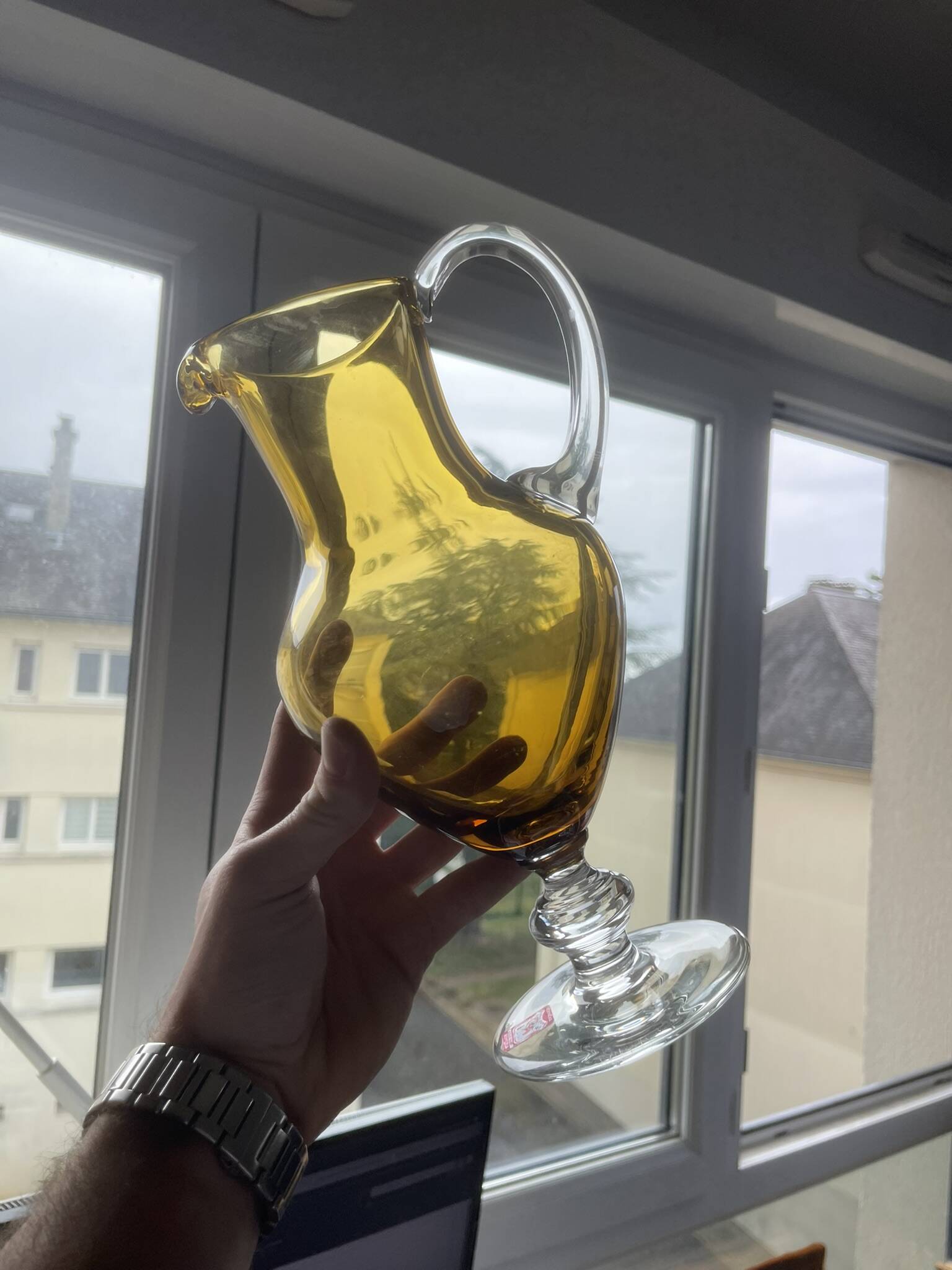 Vintage Bohemian Crystal Pitcher Jug Vcelnicka Orange Smoke