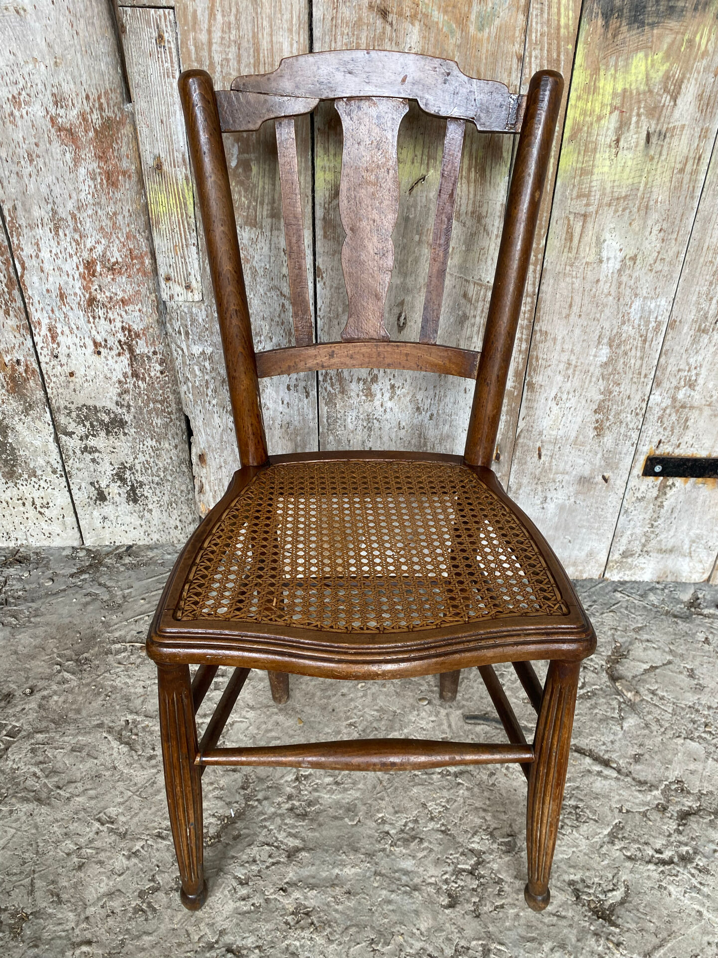Antique Bistro Chair with Carved Wood and Woven Seat Vintage #E096