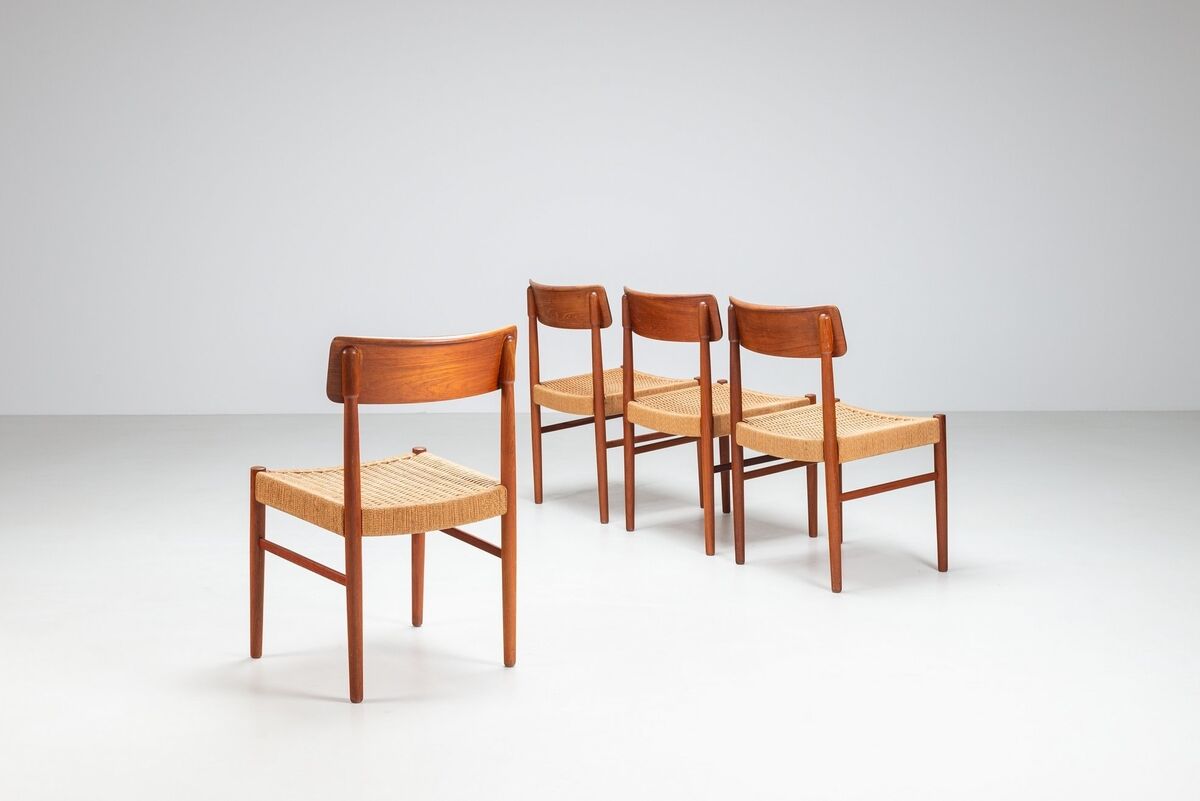 Set of four Danish dining chairs in teak and paper cord, Denmark, 1960