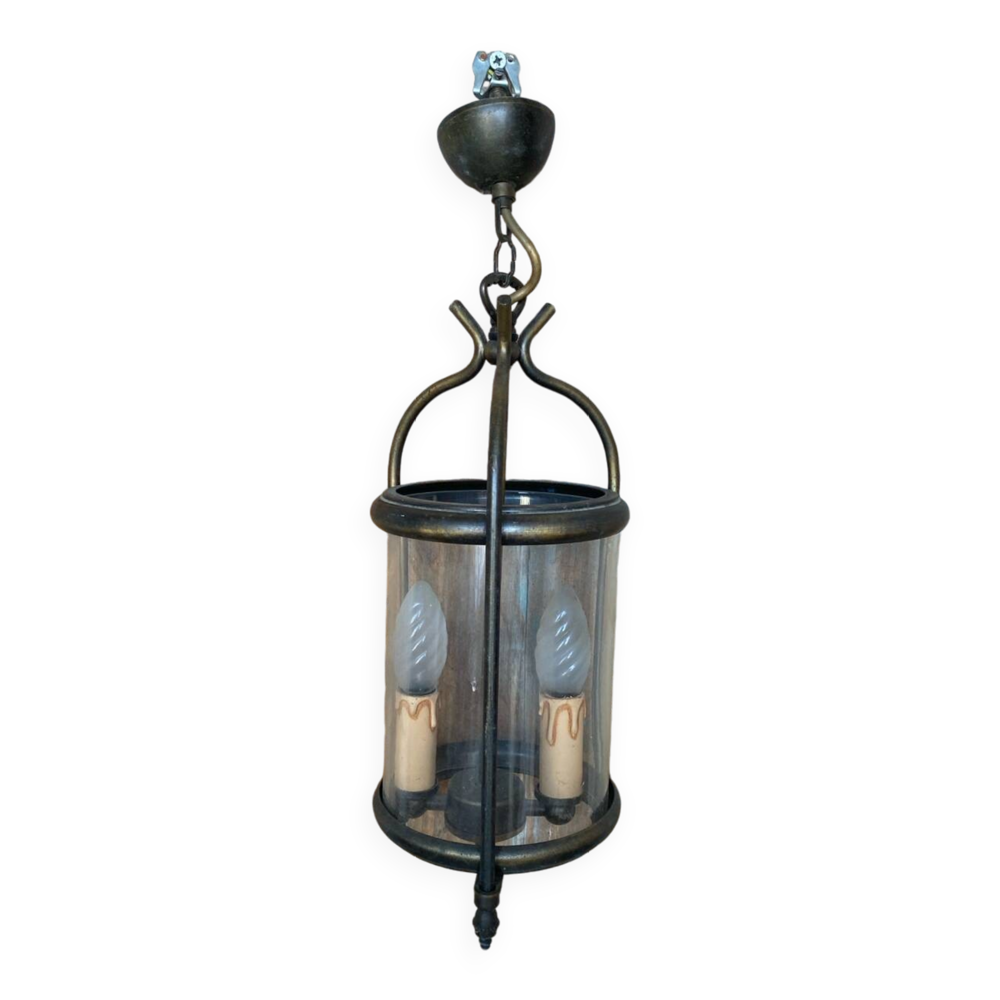 Antique brass lantern pendant light 2 lights + vintage glass cylinder