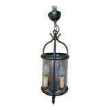 Ancienne suspension lanterne laiton 2 lumières + cylindre verre vintage